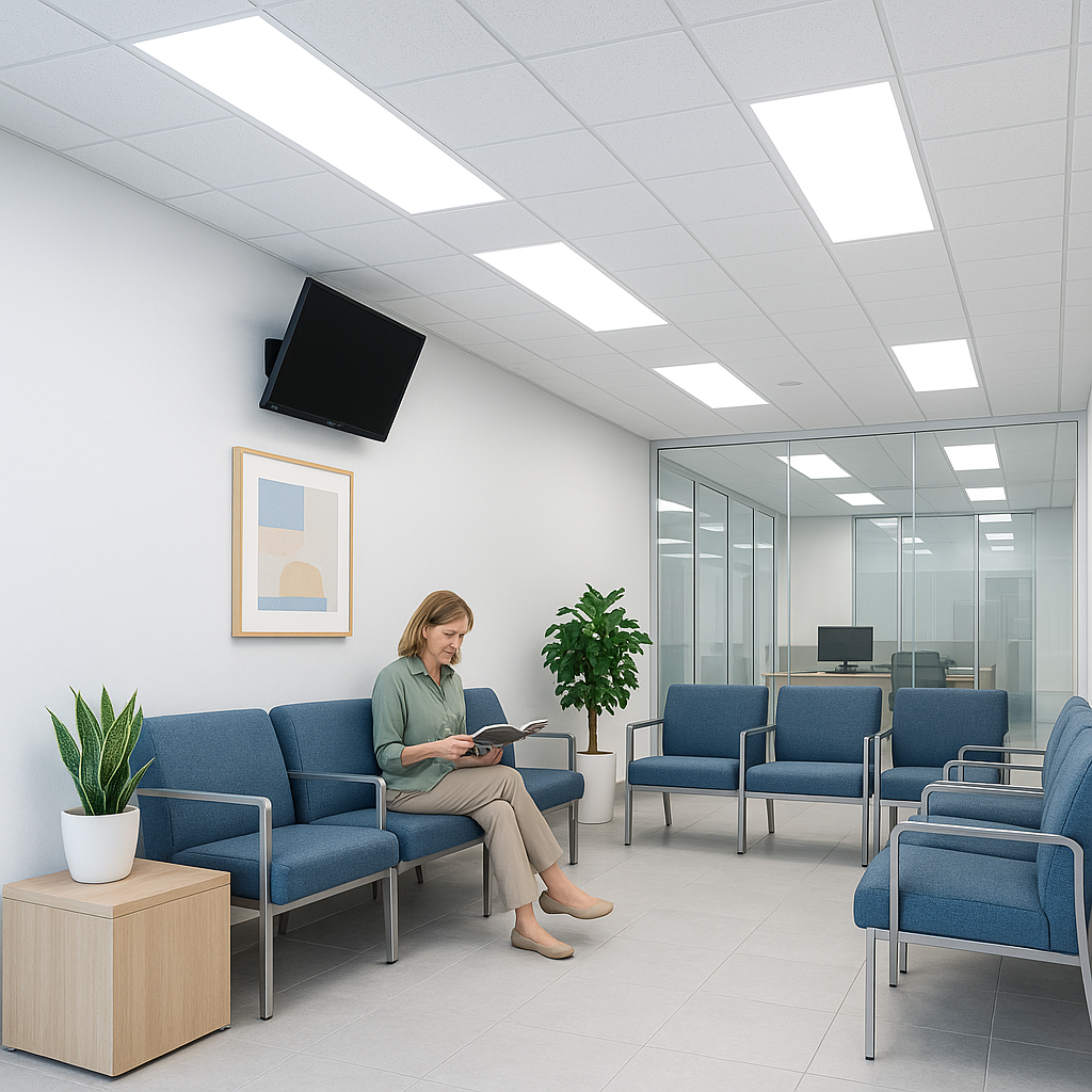 Sala de espera iluminada con paneles LED en el techo