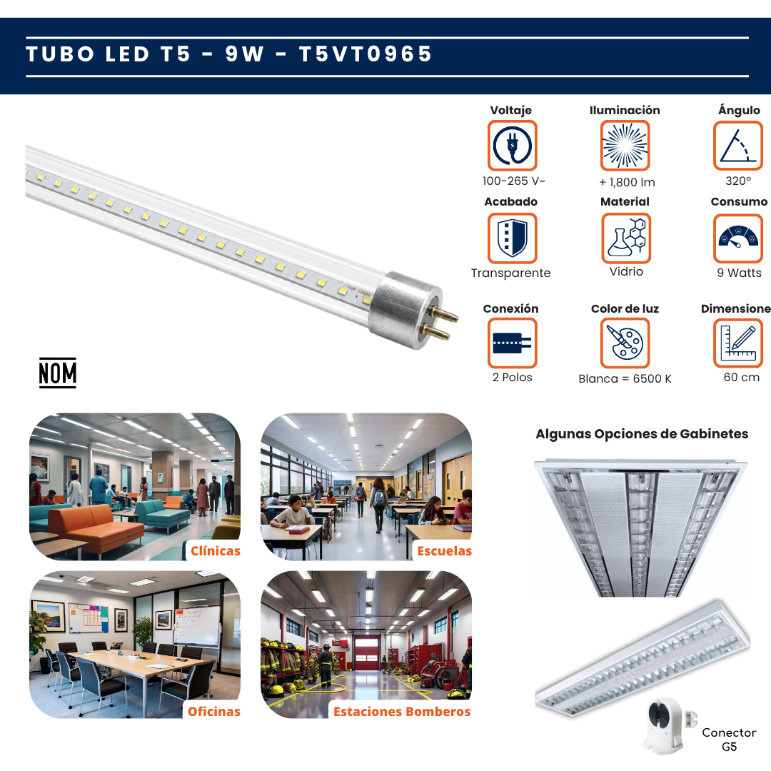 Tubo LED T5 Vidrio · 9W · 60cm · 2 Polos