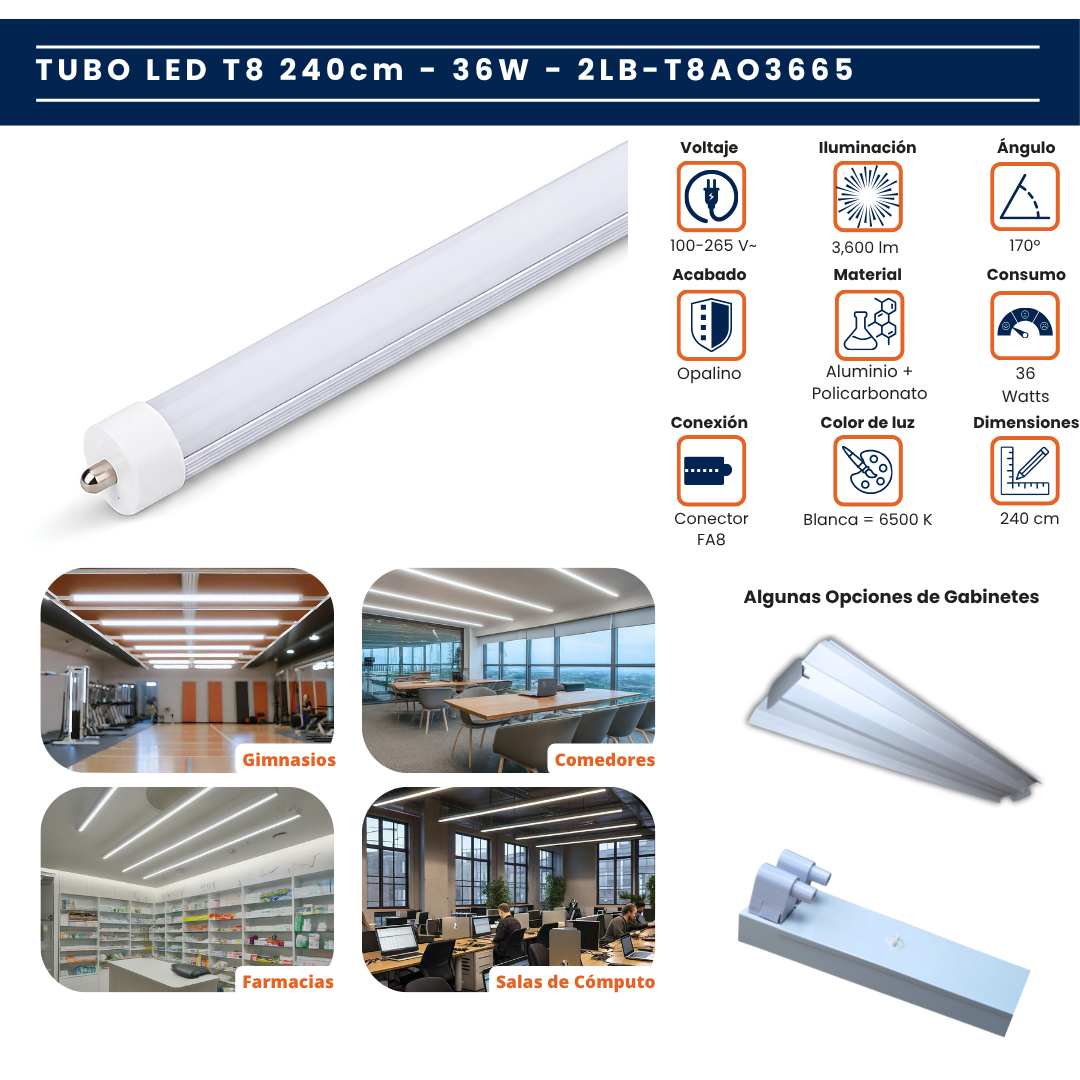 Tubo LED T8 Aluminio · 36W · 240cm · 2 Polos
