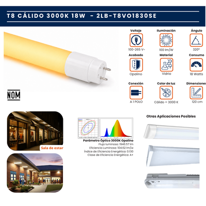 Tubo LED T8 Vidrio · 18W · 120cm · 1 Polo