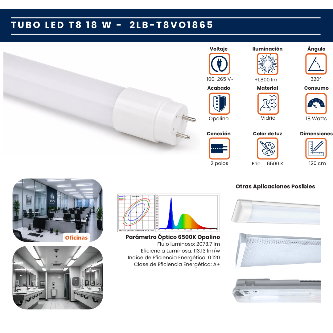 Tubo LED T8 Vidrio · 18W · 120cm · 1 Polo