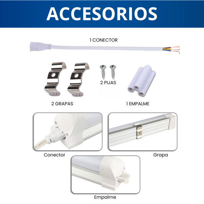 Accesorios de la regleta LED: conector, cable de unión y clips de montaje