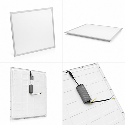 Panel LED 60x60 en varias vistas junto a su driver