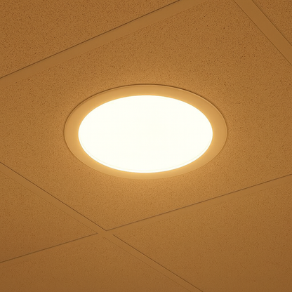 Panel LED ajustable slim encendido en luz cálida, empotrado en el techo
