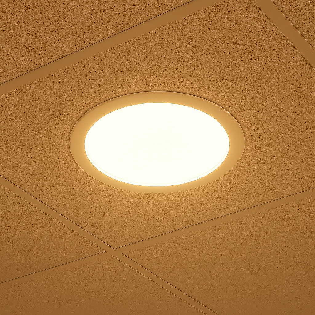 Panel LED empotrado en luz cálida 3000K en un techo