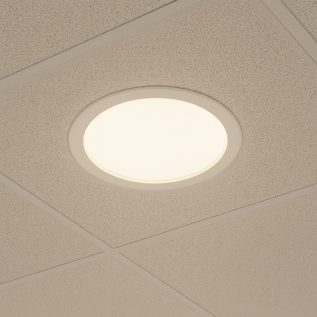 Panel LED empotrable redondo en luz neutra 4100K en el techo