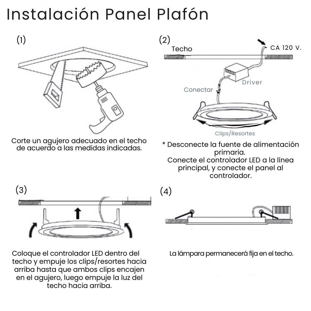 Esquema de instalación del panel LED empotrable redondo en plafón