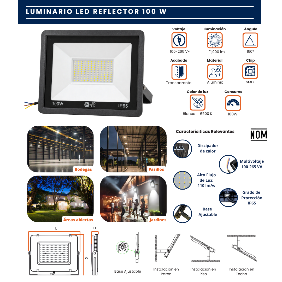Ficha gráfica del reflector LED IP65 de 100W con especificaciones, medidas y ejemplos de uso en exteriores