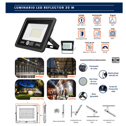 Ficha gráfica del reflector LED IP65 de 30W con especificaciones, medidas y ejemplos de uso en exteriores