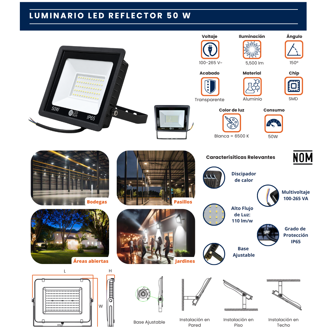Ficha gráfica del reflector LED IP65 de 50W con especificaciones, medidas y ejemplos de uso en exteriores