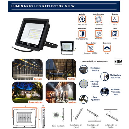 Ficha gráfica del reflector LED IP65 de 50W con especificaciones, medidas y ejemplos de uso en exteriores