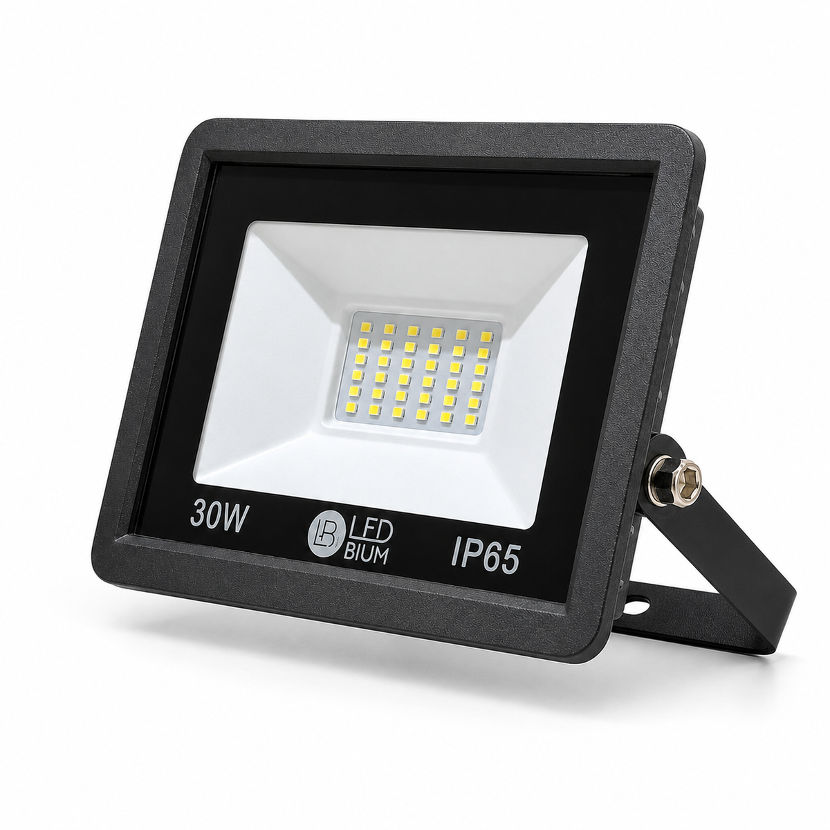 Reflector LED IP65 de 30W con cuerpo negro y base ajustable, vista frontal