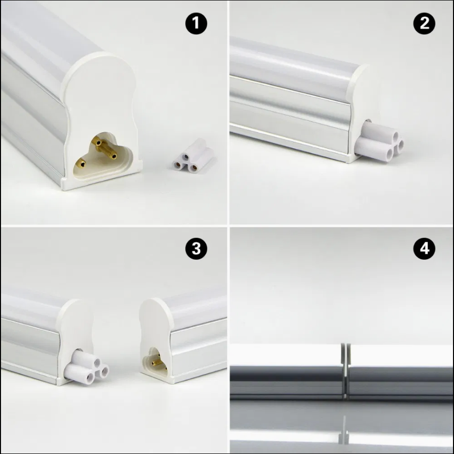 Cuatro detalles de la regleta LED T5: conector, base, unión y difusor
