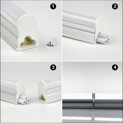Cuatro detalles de la regleta LED T5: conector, base, unión y difusor