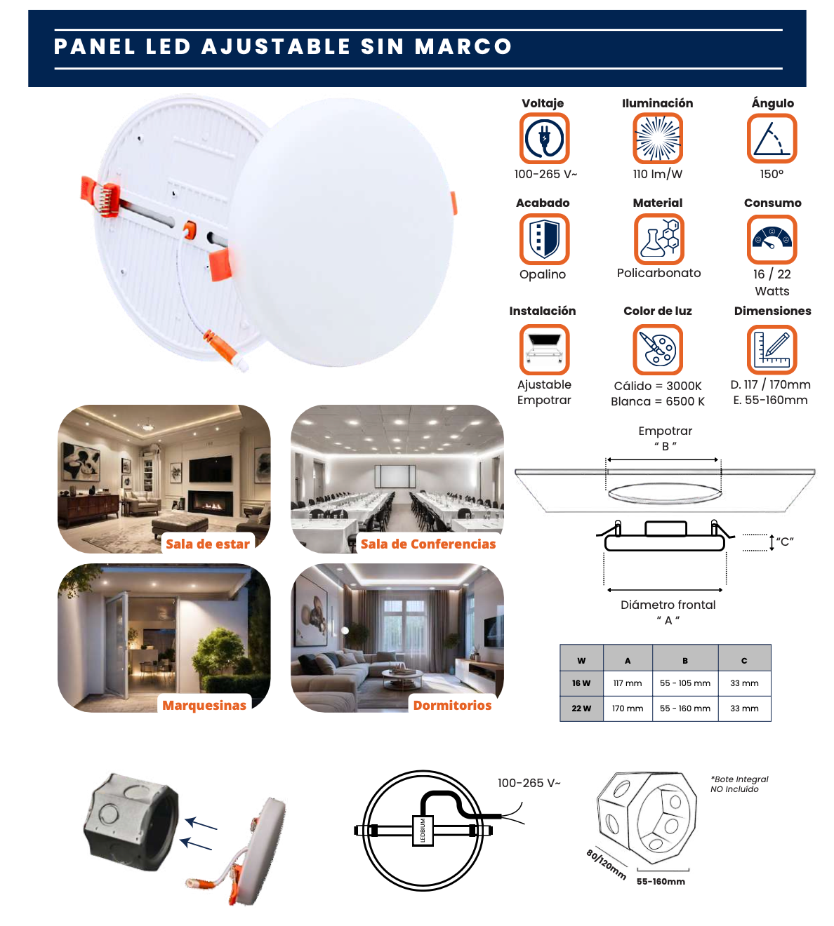 Infografía del panel LED ajustable sin marco con especificaciones y ejemplos de instalación