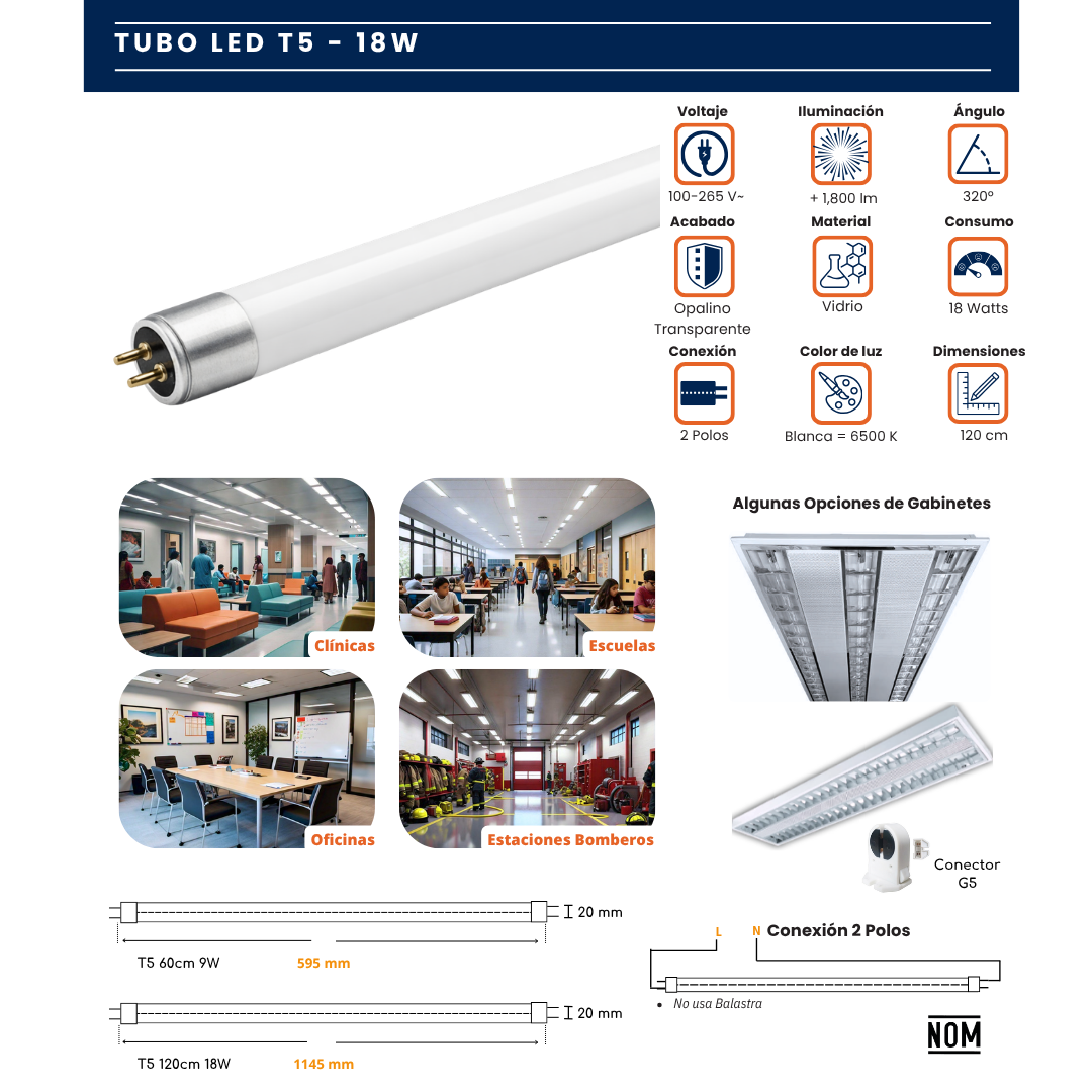 Infografía del tubo LED T5 de vidrio 18W con especificaciones y aplicaciones