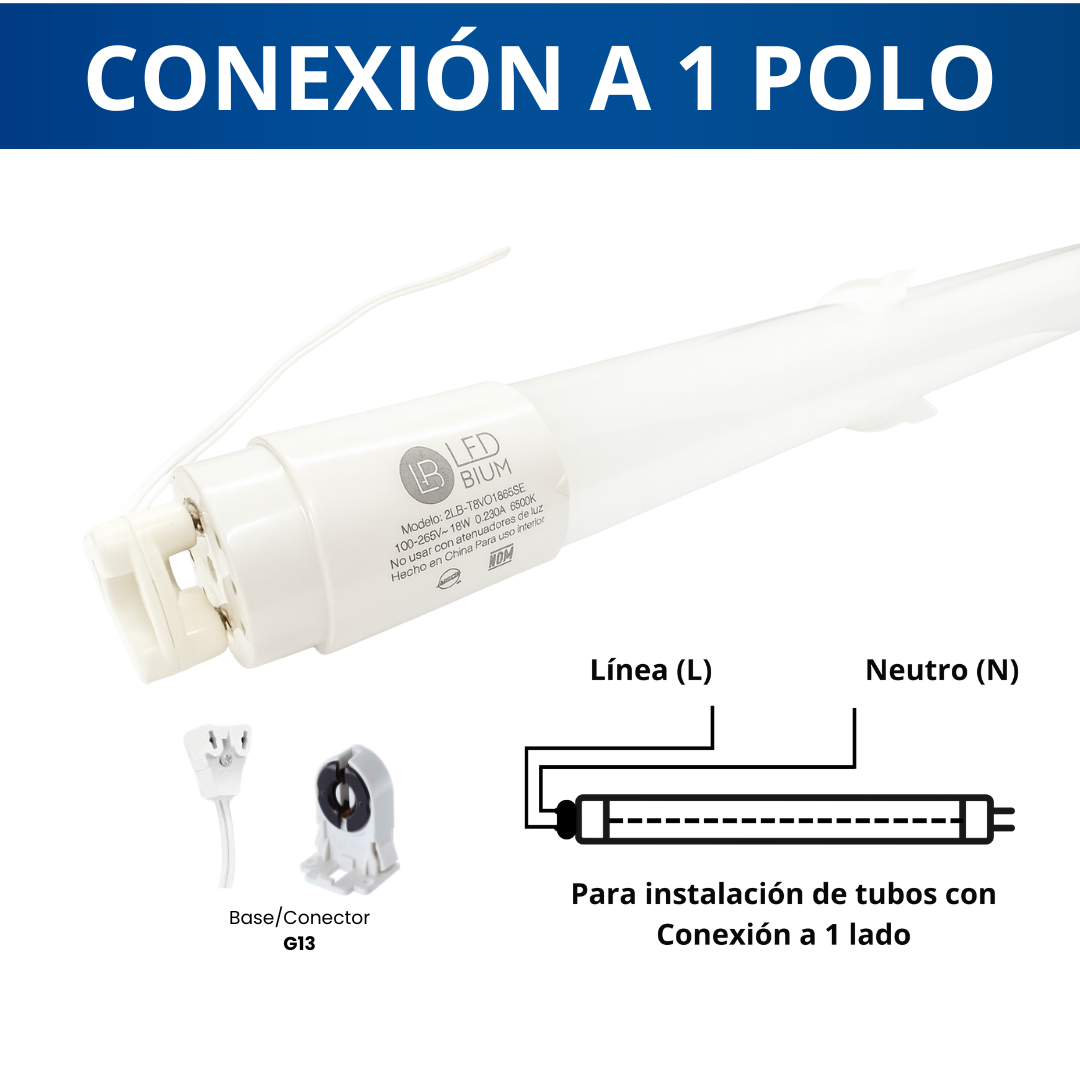 Esquema de conexión a 1 polo de un tubo LED T8: línea (L) y neutro (N)