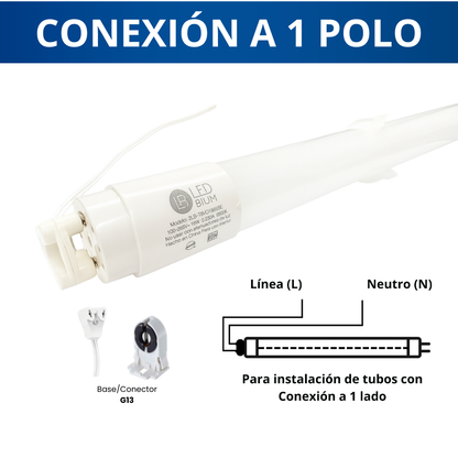 Esquema de conexión a 1 polo de un tubo LED T8: línea (L) y neutro (N)