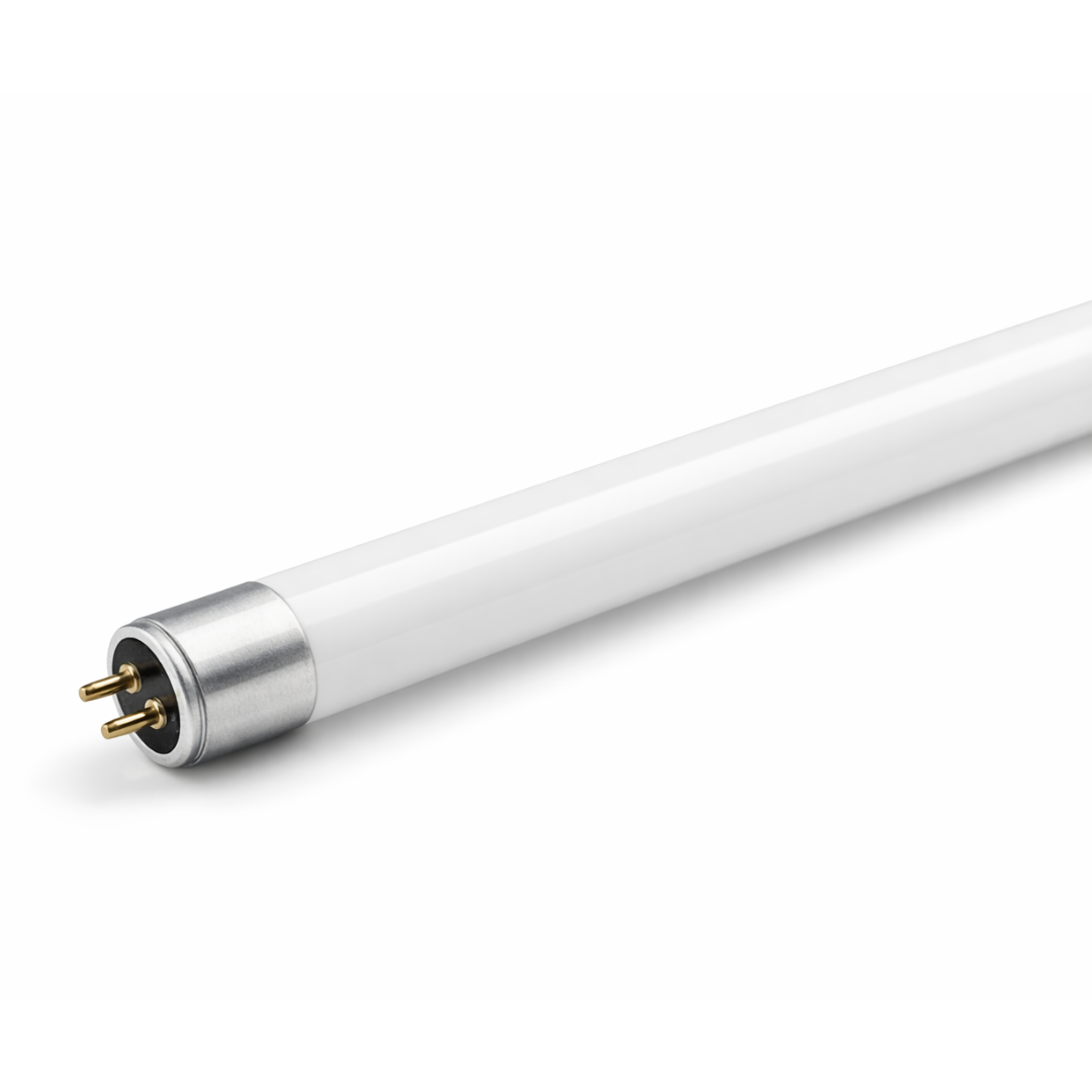 Tubo LED T5 de vidrio opalino, vista diagonal sobre fondo blanco