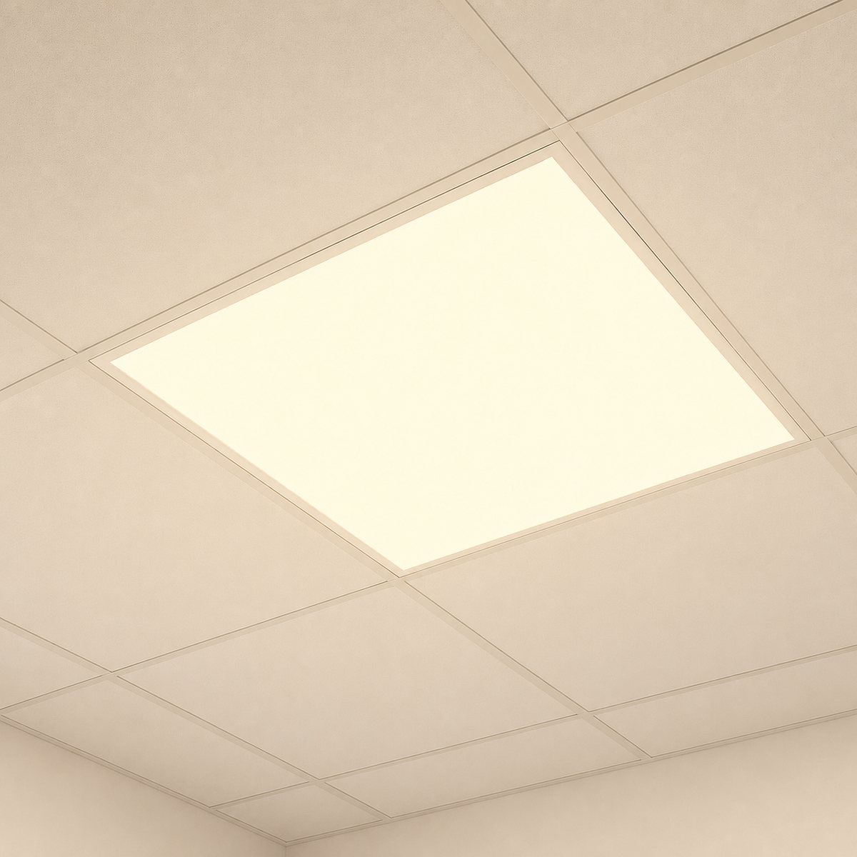 Detalle de un panel LED 60x60 cálido 3000K encendido en plafón
