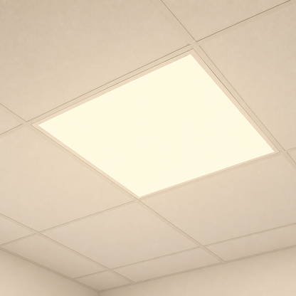 Detalle de un panel LED 60x60 cálido 3000K encendido en plafón